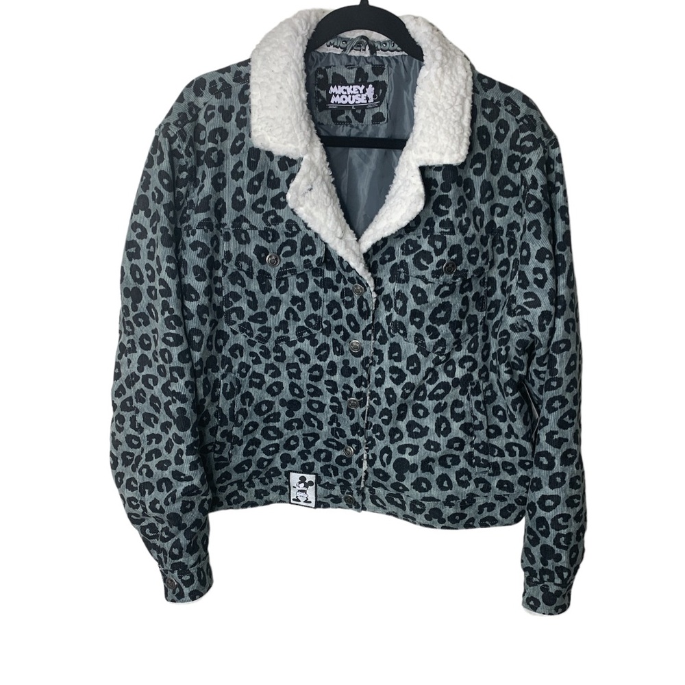 XL Mickey Mouse Disney Leopard Print Black and Gray Collared Jacket Sher…